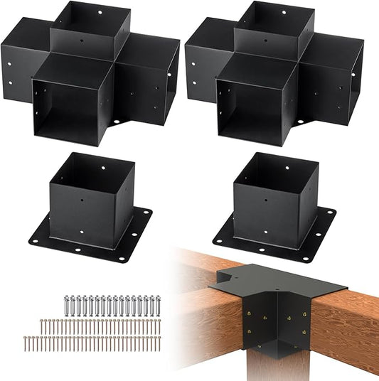 VEVOR Pergola Bracket Kit, 6x6 Inch (Inner Size 5.5x5.5), 2 Pcs 4-Way Heavy Duty Corner Bracket Woodworks DIY Post Base Kit, Easy Installation Wooden Beams for Gazebos, Patio Pergolas, Log Cabin