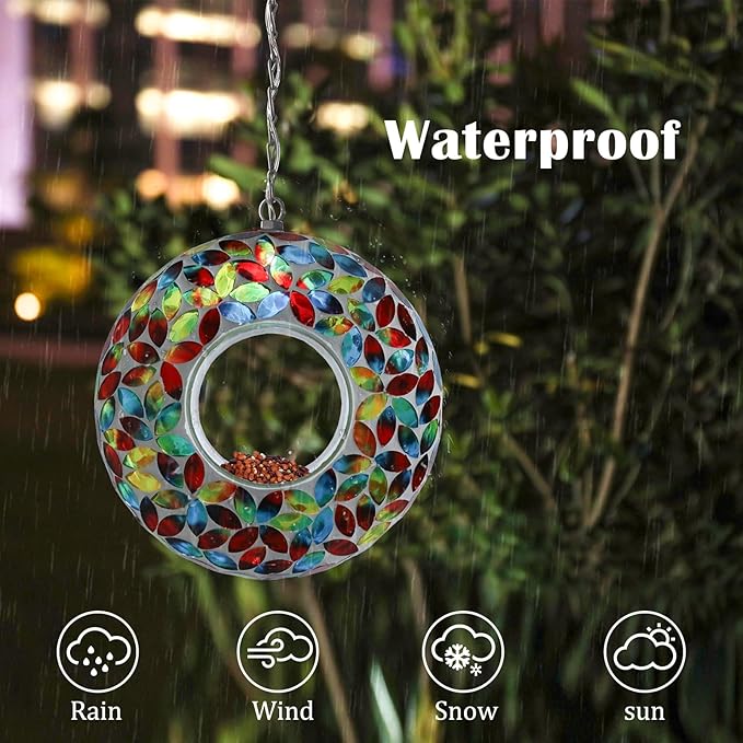 VCUTEKA Mosaic Bird Feeder Solar Fly Through Birdfeeder for Outside Hanging Round Shape Glass Container to Attract More Wild Bird Feeders for Garden Decor as Gift for Bird Lovers, Red 10-Inch