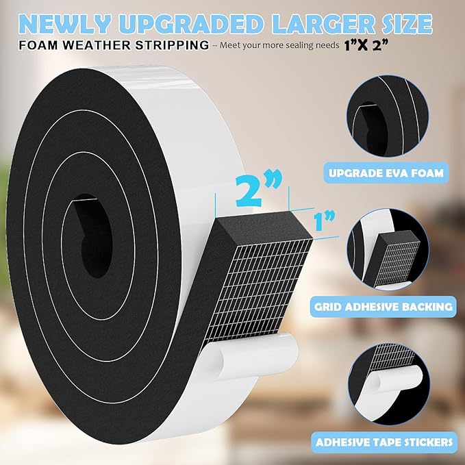 1"×2" EVA Foam Strips with Adhesive Weather Stripping Tape Larger Foam Weather Stripping Strip for Large Gap Insulation (1"×2",13FT,Black)