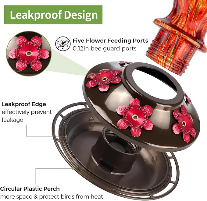 Hummingbird Feeder, BOLITE Glass Hummingbird Feeders for Outdoors Hanging, Hand Blown Twisted with Ant Moat and Five Feeding Ports, 24 Ounces, Leak Proof, Red, Gifts for Women Men, Gifts for Mom Dad
