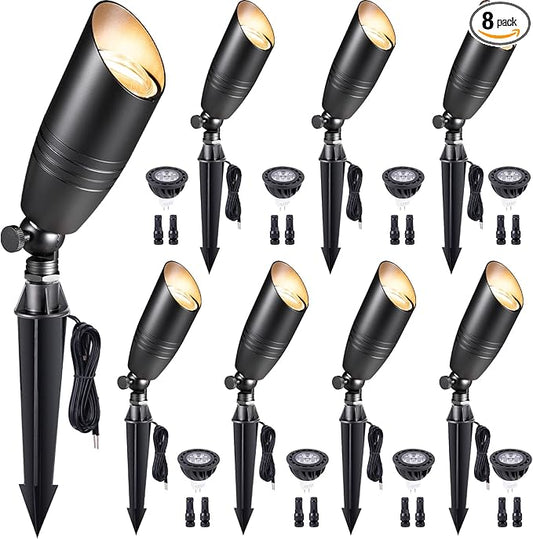 Spot Light Brass - Outdoor Landscape Spotlights LED, 12V Low Voltage Landscaping Uplights, Hard-Wired All Weather Black for Backyard Lawn with Warm White Changeable Bulbs (8 Pack)