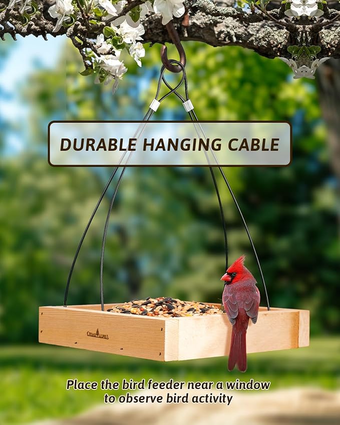 Wood Platform Tray Bird Feeder 10” - Alaskan Red Cedar Hanging Bird Feeder for Outside Outdoor - Stainless Steel Cable Mesh Base - Longtime Outdoor Lasting Weatherable Heavy Duty Flythrough Birdfeeder