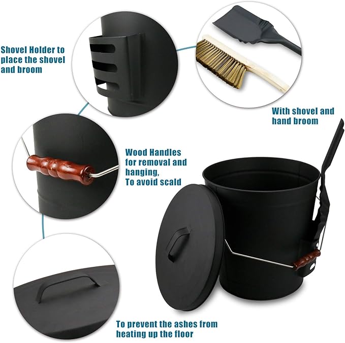 Uniflasy Ash Bucket with Lid, Shovel and Hand Broom, 5.2 Gallon Metal Coal Ash Bucket for Fireplace, Fire Pits, Wood Burning Stove, Ash Can with Lid fireplace Wood Stove Ash Fireplace Cleaning Tools