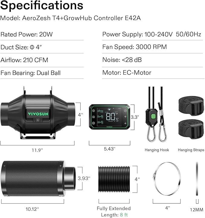 VIVOSUN Smart Air Filtration PRO T4 Kit 4", AeroZesh T4 Inline Duct Fan w/GrowHub E42A Temp. Humidity WiFi-Controller, Carbon Filter & Ducting, Cooling & Ventilation System for Grow Tent, Hydroponics