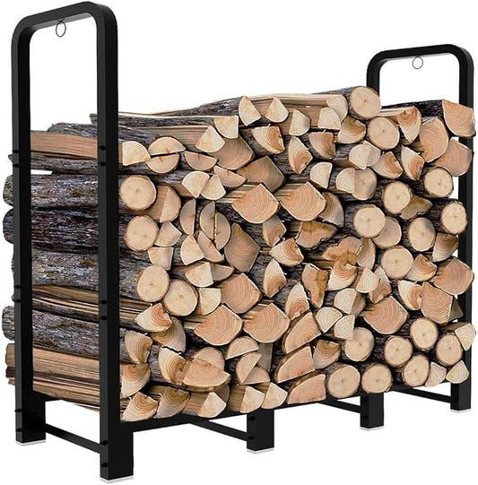 Artibear 4ft Outdoor Firewood Rack, Upgraded Adjustable Heavy Duty Logs Stand Stacker Holder for Fireplace - Metal Lumber Storage Carrier Organizer, Bright Black