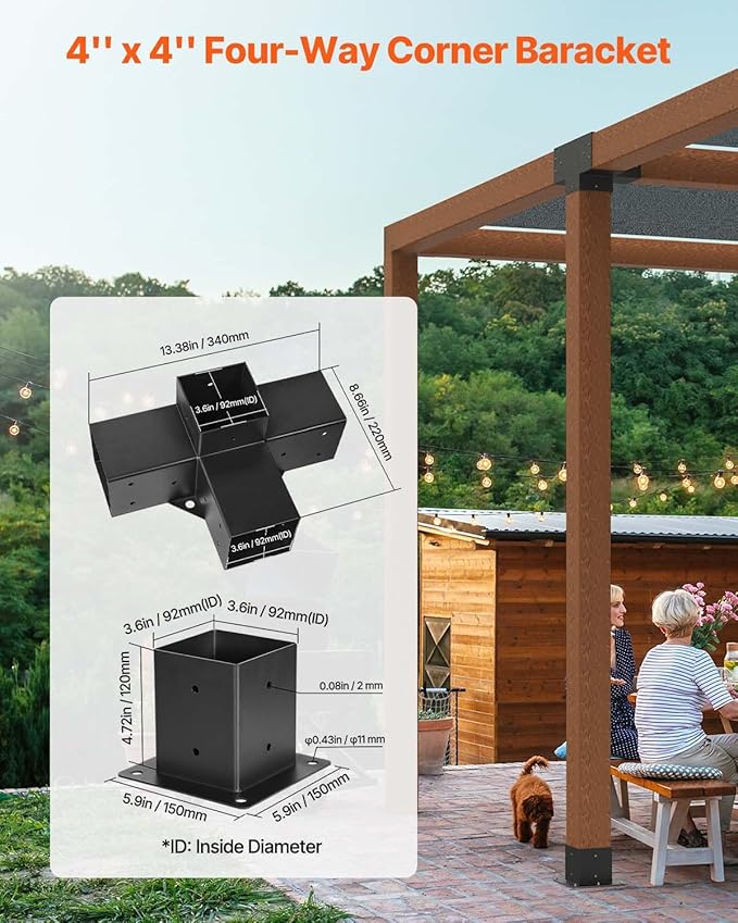 VEVOR Pergola Bracket Kit, 4x4 Inch (Inner Size 3.5x3.5), 2 Pcs 4-Way Heavy Duty Corner Bracket Woodworks DIY Post Base Kit, Easy Installation Wooden Beams for Gazebos, Patio Pergolas, Log Cabin