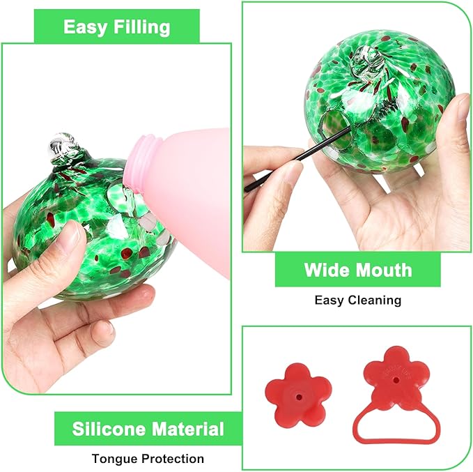Window Hummingbird Feeder with Suction Cups,Hand-Blown Glass Hummingbird Feeders for Outdoors Window Mounted with Metal Hook,Close Bird Watching,Finch in Garden,Yard(Green)