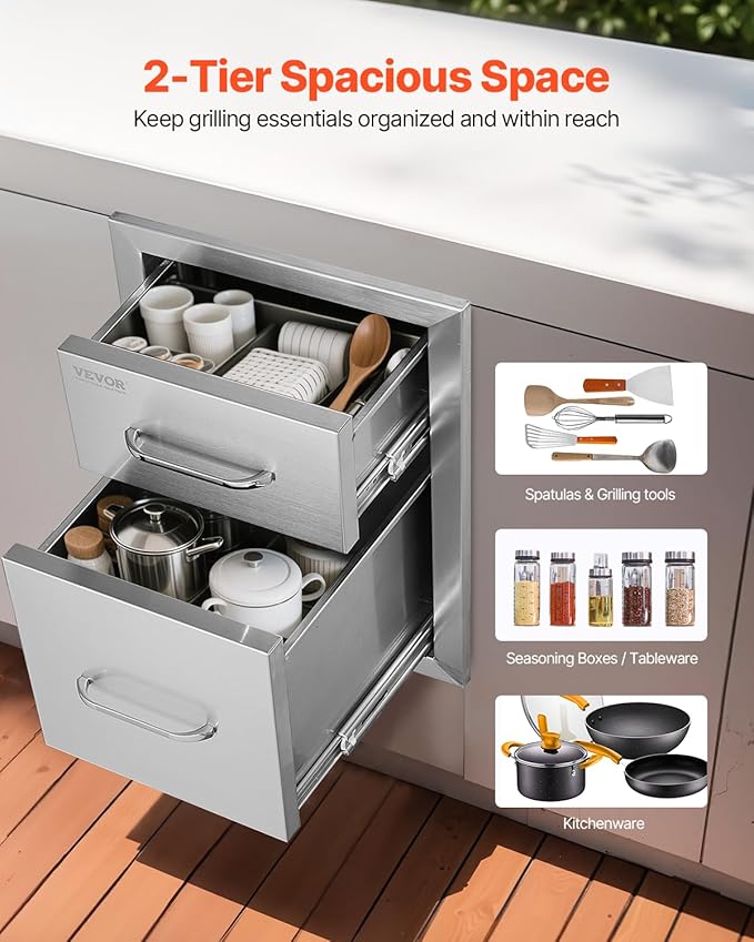 VEVOR Outdoor Kitchen Drawers 13" W x 20.5" H x 21" D, Flush Mount Double BBQ Access Drawer with Stainless Steel Handle, BBQ Island Drawers for Outdoor Kitchens or Patio Grill Station