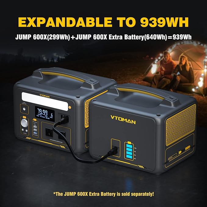 VTOMAN Jump 600X Portable Power Station with 110W Solar Panel, 600W/299Wh LiFePO4 Battery Solar Generator with 600W Constant-Power, PD 60W Type-C, Capacity Expandable 939Wh for Camping, Home Backup
