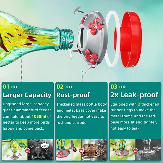36 oz Hummingbird Feeder for Outdoors Hanging Ant Proof, Stunning Glass Bird Feeder-Leak Proof&All Weather Use, with Hook&Rope&Brush, Outside Garden Yard Window Patio Decor