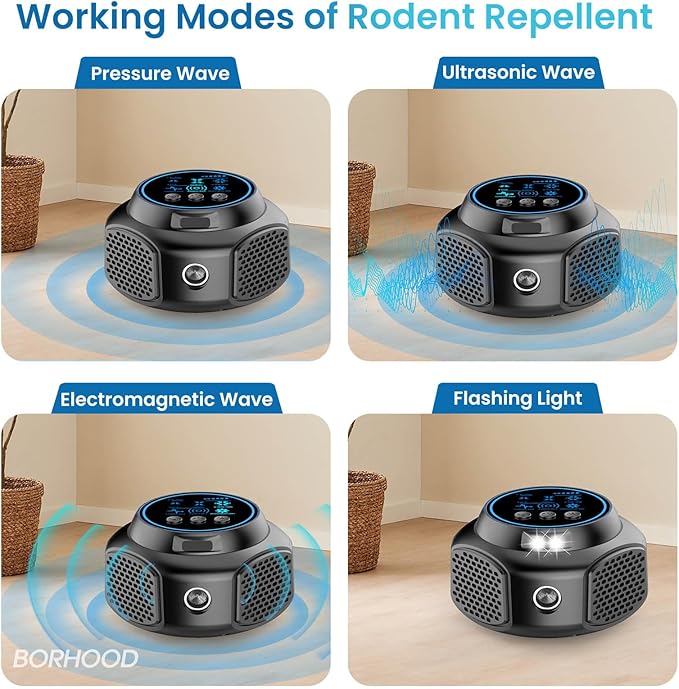 Ultrasonic Rodent Repellent Plug in, Indoor Pest Control for Mice Squirrel Rat Roach Spider Repelling, Electronic Plug in for House Kitchen Garage Basement with Mouse and Rat Repeller