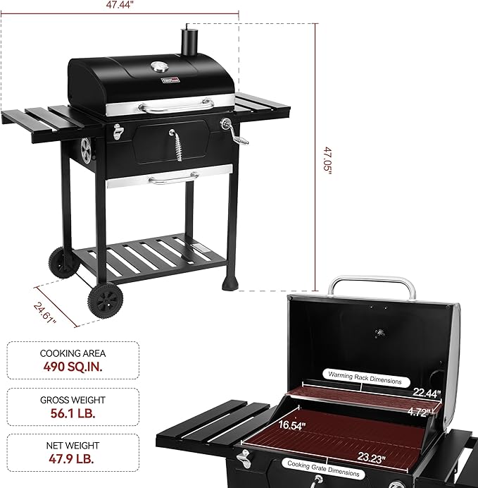 Royal Gourmet CD1824EC 24 Inch Movable Charcoal Grill with Cover, 490 Sq. In. Cooking Area, Outdoor Barbecue Grill with Foldable Side Tables for Outdoor Picnic and Camping Grilling, Black
