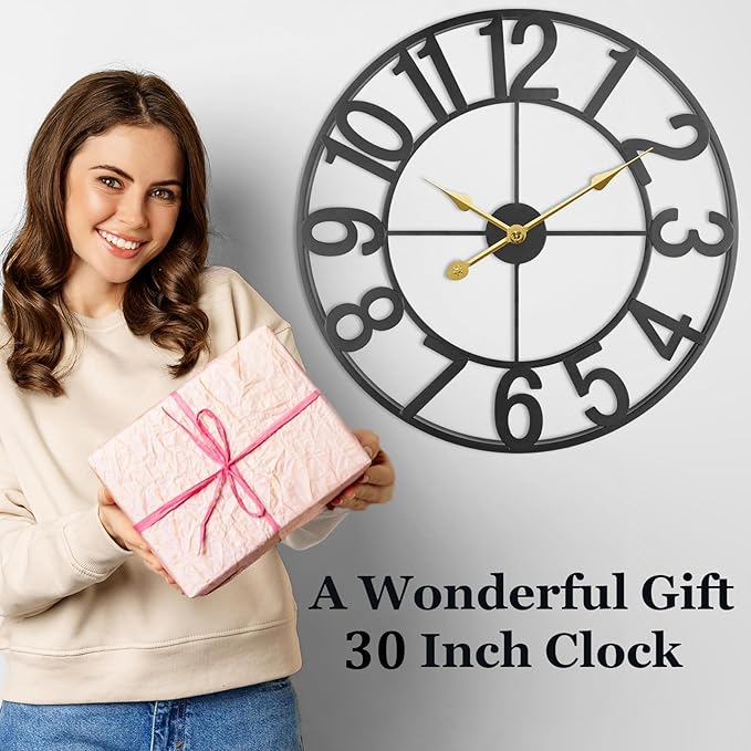 Large Outdoor Clock, 30 Inch Silent Non-Ticking Battery Operated Outdoor Wall Clock, Black Modern Metal Wall Clock for Patio, Porch, Pool Area, Kitchen, Bedroom, Living Room, Farmhouse Decor