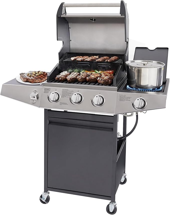 Unovivy 3-Burner Propane Gas Grill with Side Burner, Portable BBQ Grills with Oil Tray and Built-in Thermometer for Outdoor Barbecue, Camping, Patio, Backyard, 39,650 BTU