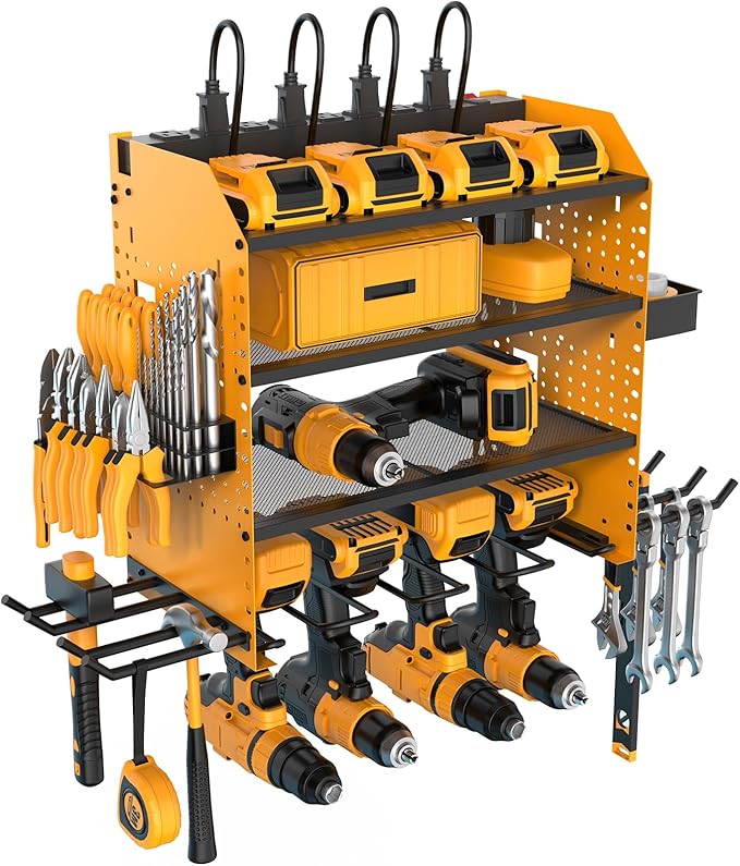 Heavy Duty Power Tool Organizer Wall Mount with Charging Station, 4 Layer Garage Storage Adjustable Shelves Height, Holds 4 Drills, 2 Hooks, Screw & Screwdriver box, Gifts for Fathers Day, Anniversary