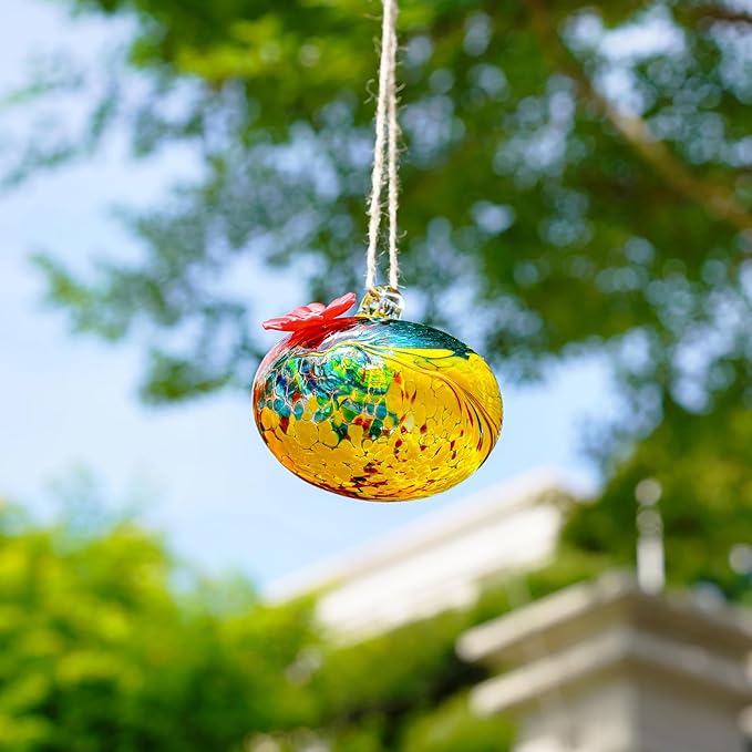 Pack 2 Blown Glass Hummingbird Feeders for Outdoors Small Glass Humming Bird Feeder for Window Hanging Ant and Bee Proof Humming Birds Feeders Decor for Garden Outside