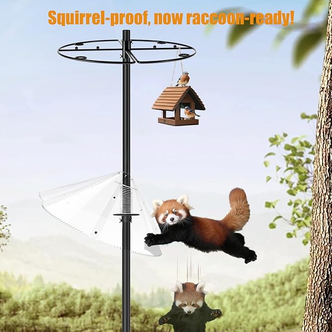 Squirrel Baffle for Bird Feeder Pole - Bird Feeder Baffle with Steel Spring Motion for Better Defense, Polycarbonate Extra-Thick Squirrel Guard for Outside Pole Mount, 19 Inch, Metal Buckle
