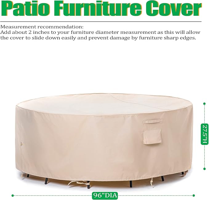 F&J Outdoors Patio Furniture Covers Waterproof UV Resistant Rip-stop Fabric Round Outdoor Furniture Cover, Beige, 96" Dia x 27.5" H