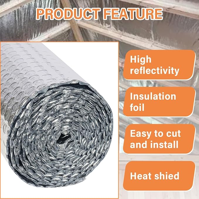 Double Reflective Insulation Roll, 47''X15' Double-Sided Aluminum Bubble Roll, Rv Window and Window Insulation for Winter and Summer, Garage Door, Roof, Car