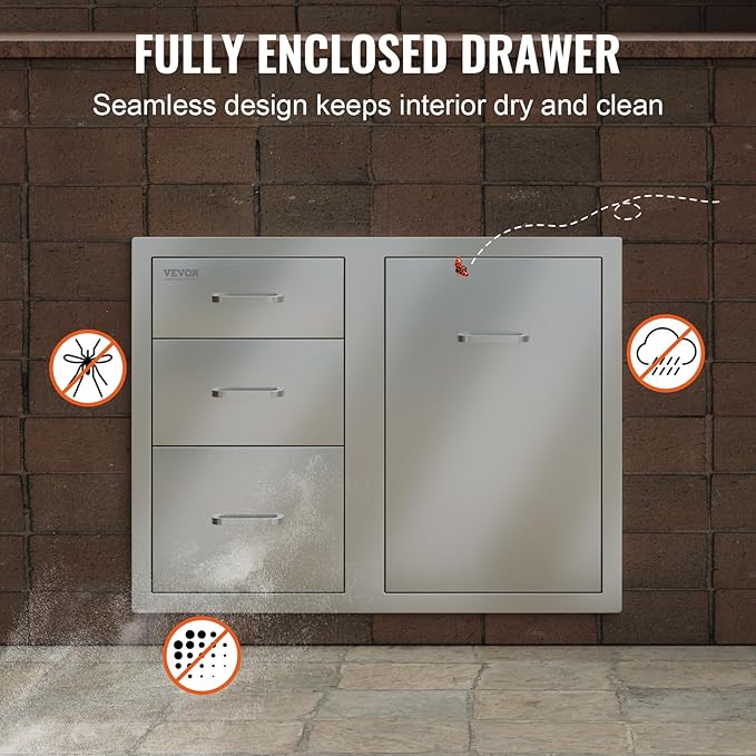 VEVOR Outdoor Kitchen Door Drawer Combo 29.5"W x 22.6"H x 21.7"D, Access Door/Triple Drawers with Propane Drawer and Adjustable Garbage Ring, Perfect for BBQ Island Patio Grill Station