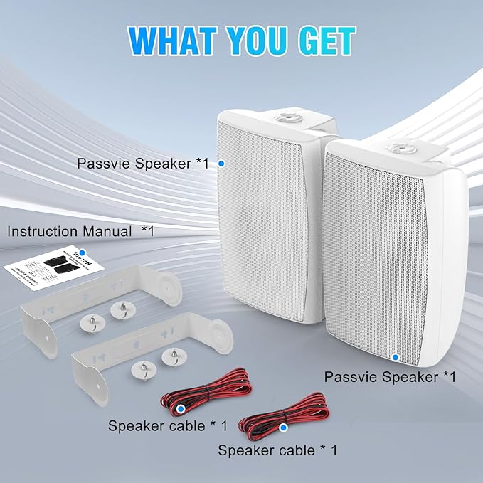 STUDIOFINIX 8-Inch 600W Passive Outdoor Speakers, IP44-Rated Waterproof, Wired Connection, Wall-Mountable All-Weather Speakers for Patio, Indoor, Deck, Yard (1 Pair, White)