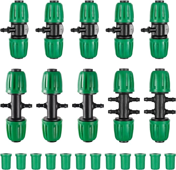 Barbed Tee Connector,1/2" to 1/4" Drip Irrigation Fittings 1/2" to 1/4" Drip Line Reducer Tee Connectors,3/4/6-Way Splitter Connectors with End Plug for Garden Irrigation System