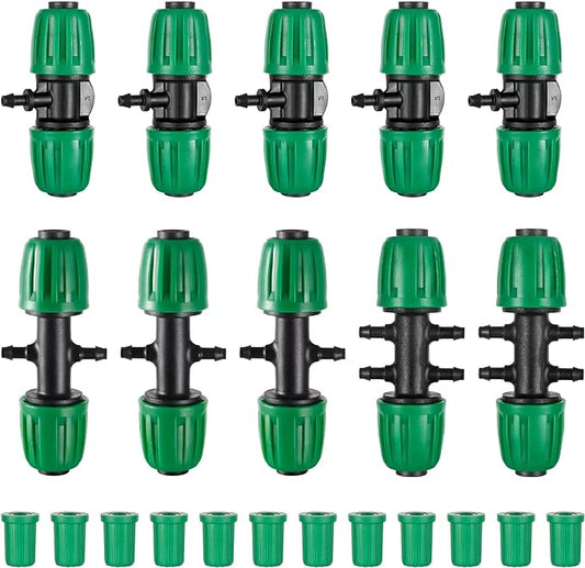 Barbed Tee Connector,1/2" to 1/4" Drip Irrigation Fittings 1/2" to 1/4" Drip Line Reducer Tee Connectors,3/4/6-Way Splitter Connectors with End Plug for Garden Irrigation System