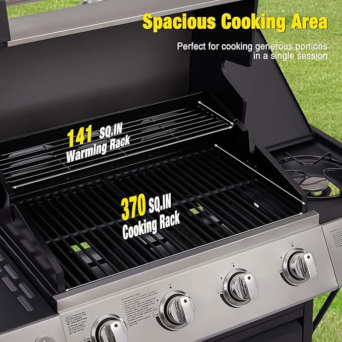 Unovivy 4-Burner Propane Gas Grill with Side Burner, Portable BBQ Grills with Oil Tray and Built-in Thermometer for Outdoor Barbecue, Camping, Patio, Backyard, 49,000 BTU