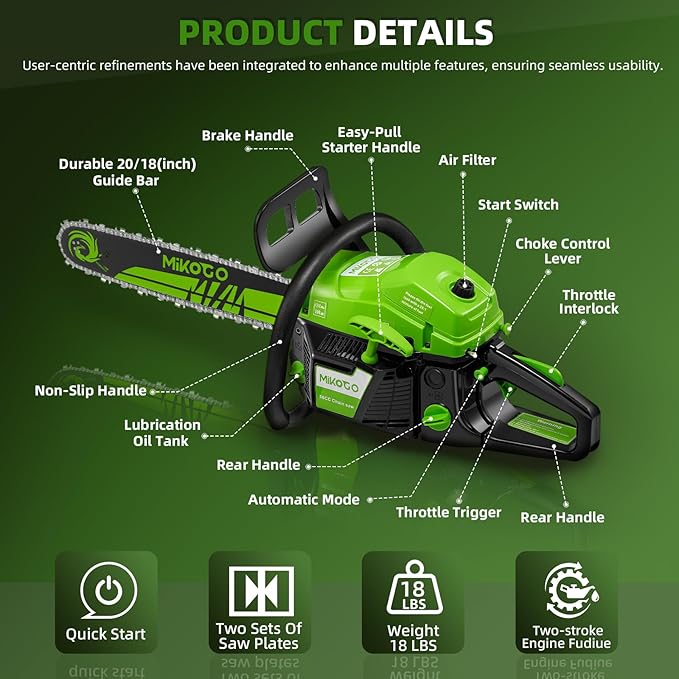 58CC Gas chainsaw ,20&18 Inch 2-Stroke Gasoline Gas Powered Chainsaws for Cutting Wood Tree Outdoor Garden Farm Home