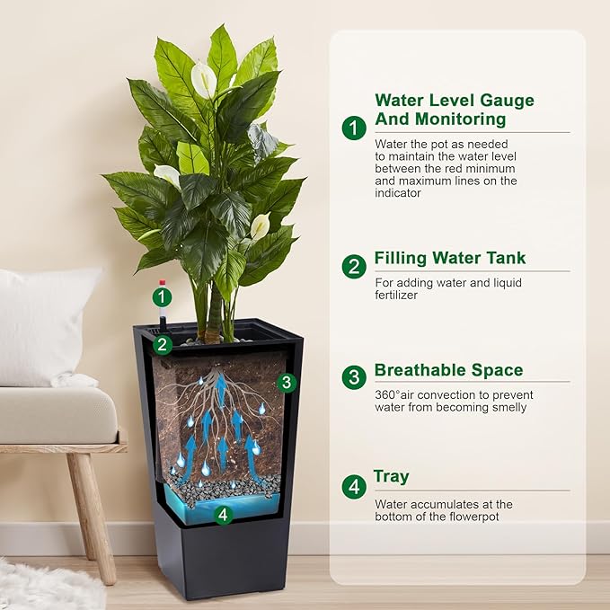 GarveeLife 22.5 in Tall Planters Set of 2, Outdoor&Indoor Black Planter Pots, High Front Porch Planter Pots with Drainage Holes&Water Level Monitor&Inner Bucket, Automatic Watering, Black