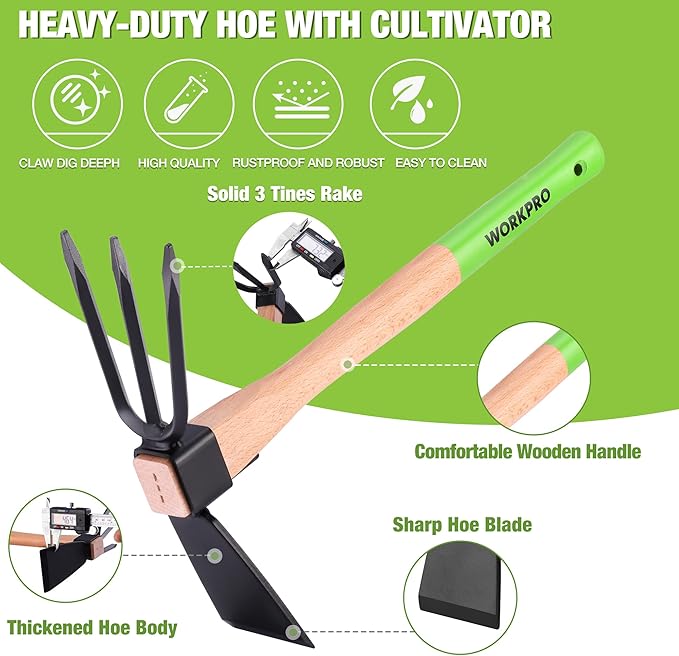 WORKPRO Hoe and Cultivator Garden Rake with 14" Wooden Handle, Sharp Hoe Blade & Sturdy 3 Claw Tiller, 2-in-1 Heavy Duty Gardening Hand Tools for Digging, Loosening Soil, Weeding, Cultivating