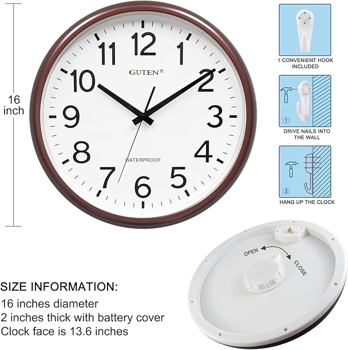 Caysie 16 Inch Sealed Large Outdoor Clock Waterproof, Silent Battery Operated Weatherproof Wall Clocks for Pool Patio Outside Home (Brown)