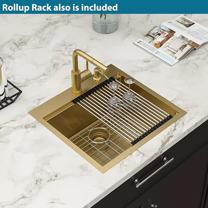 Gold Bar Sink With Faucet Drop In Bar Sinks 18 Inch Stainless Steel Indoor Outdoor Kitchen Workstation16 Gauge Single Bowl Small Sinks With Pull-out Faucet 18"x18"x9"