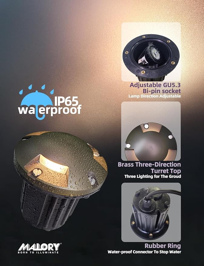 MALORY Brass Top Cover Landscape Well Lights,(5‘’H 12V Low Voltage Outdoor In Ground Lights,Landscape Lighting for Pathway, Driveway and Garden (Three-Direction Turret, 4-Pack with Bulb)