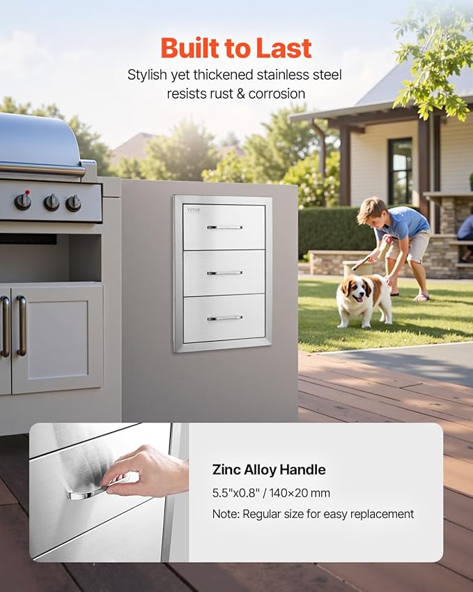 Mophorn Outdoor Kitchen Drawers 16" W x 21.5" H x 18" D, Flush Mount Triple Access BBQ Drawers with Stainless Steel Handle, BBQ Island Drawers for Outdoor Kitchens or BBQ Island Patio Grill Station