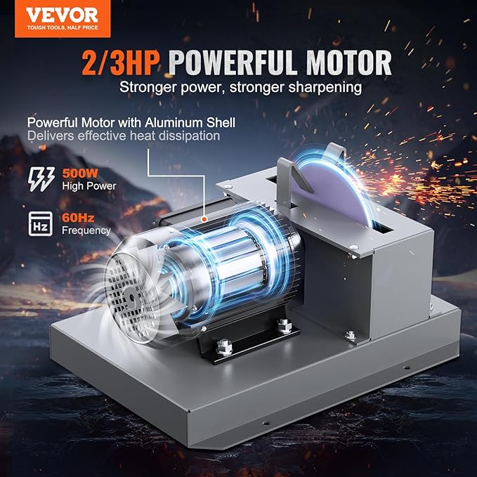 VEVOR Lawn Mower Blade Sharpener - 2/3HP 500W Grinder with 7-inch Ceramic Wheel, Sharpens High/Low Lift, Gator & Flat Blades