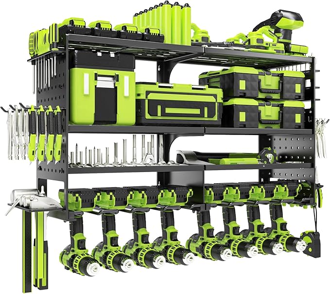 Power Tool Organizer Wall Mount,Heavy Duty Metal 4 Layer 8 Slots Drill Holder,Garage Cordless Storage Rack with Screwdriver Plier Hammer Holder for Workshop Carport Basement