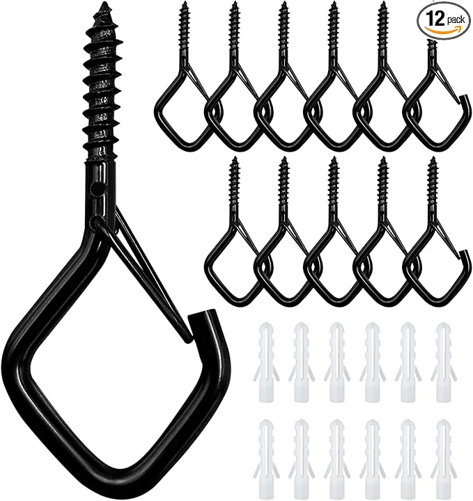 12 PCS Q-Hanger Hooks for String Lights, Ceiling Hangers for Plants & Wind Chimes, Christmas Decorations Outdoor Hooks (Square Hanger) Black