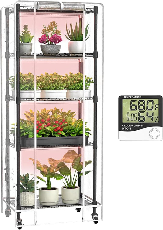 Indoor Greenhouse with Grow Lights, 5 Tier 23.2" L×13.4" W×61.4" H Mini Greenhouse, Grow Light Shelf with Tent and Thermometer, with 72W Full Spectrum Growing Lamps for Seed Starting
