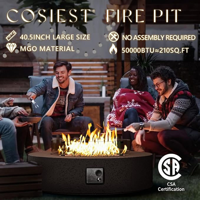 COSIEST 42 inch Outdoor Propane Fire Pit Coffee Table w Concrete Round Base Patio Heater, CSA Certified, 50,000 BTU Stainless Steel Burner, Free Lava Rocks, Rain Cover, Wind Guard, Tank Cover