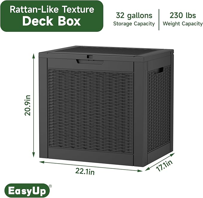 32 Gallon Resin Deck Box Waterproof, UV Resistant Outdoor Storage Box for Delivery, Garden, Patio,and Porch, Rattan Black