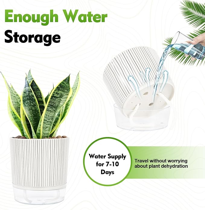 Self Watering Pots for Indoor Plants, 6 & 5 & 4 Inch Stylish Flower Pots, Set of 3 Modern Planters with Self-Watering Feature (Black Stripes)
