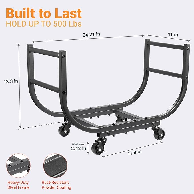 Rolling Firewood Rack with Wheels, 24 Inch Heavy-Duty Indoor Outdoor Log Holder, Wood Storage for Fireplace & Patio, Waterproof & Rustproof