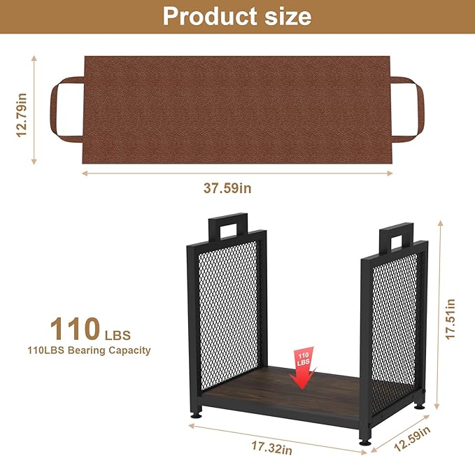 Firewood Rack for Indoor, Heavy Duty Fire Wood Racks Holder, 17.32" Metal Wood Storage Log Holder with Leather Carrier, Small Firewood Stand for Fireplace Patio Deck, Black
