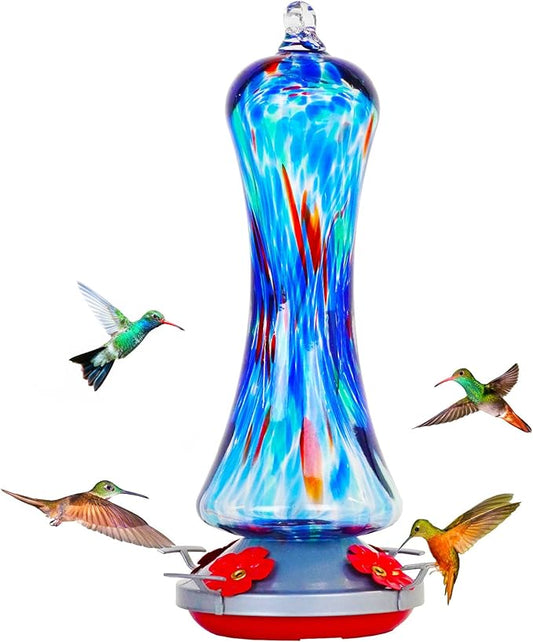 Hummingbird Feeder for Outdoors Hanging, Hand Blown Glass Hummingbird Present with Perch, Leak Proof, Never Fade, 4 Feeding Ports, 20 fl.oz, Include Hook, Ant Moat, Rope, Brush, Presents for Garden