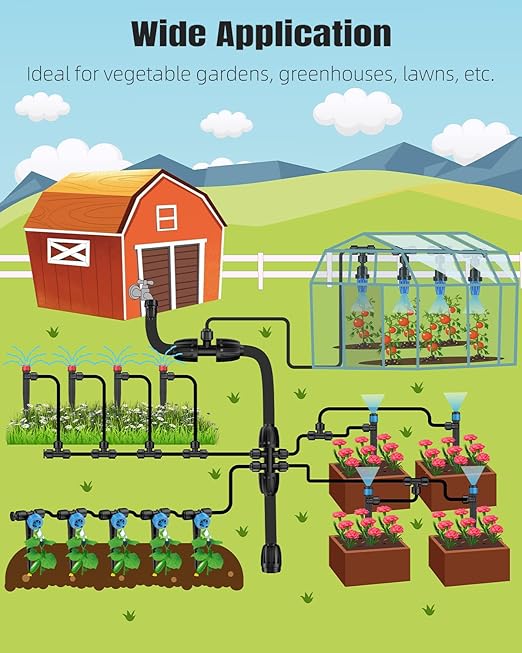 Pawfly 250 ft Drip Irrigation System, Quick-Connect Drip Irrigation Kit with 50ft 1/2" & 200ft 1/4" Tubing and Accessories, Garden Watering System for Greenhouse,Yards,Lawn,Raised Bed