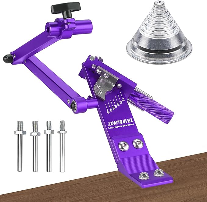 Upgraded Lawn Mower Blade Sharpener with Ball Bearing Handle and 15°-45° Adjustable Frame, for Straight & Standard Lawn Mower Blades,Mower Blade Sharpener Kit with Metal Blade Balancer,5005,Purple