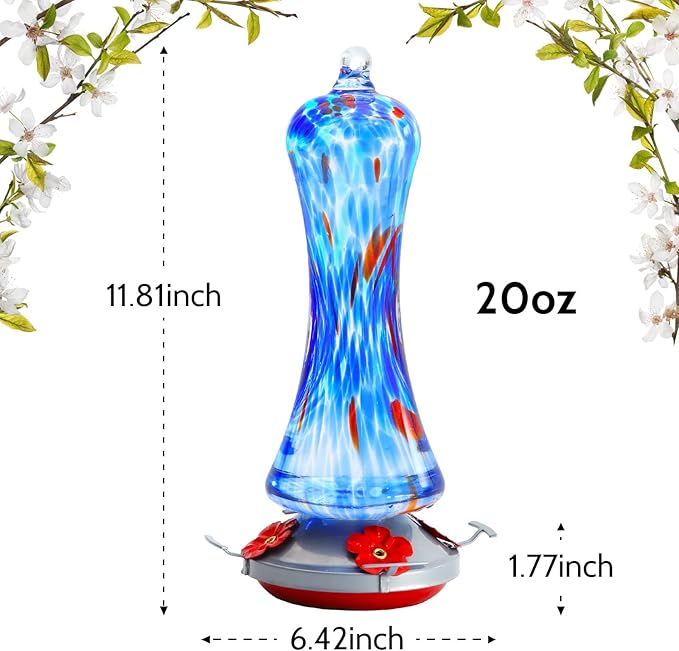 Hummingbird Feeder for Outdoors Hanging, Hand Blown Glass Hummingbird Present with Perch, Leak Proof, Never Fade, 4 Feeding Ports, 20 fl.oz, Include Hook, Ant Moat, Rope, Brush, Presents for Garden