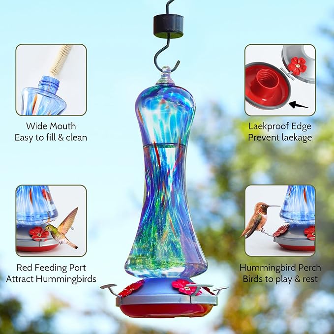 Hummingbird Feeder for Outdoors Hanging, Hand Blown Glass Hummingbird Present with Perch, Leak Proof, Never Fade, 4 Feeding Ports, 38 fl.oz, Include Hook, Ant Moat, Rope, Brush, Present for Garden