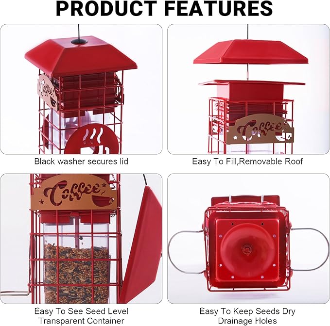 Squirrel Proof Bird Feeders for Outdoors Tube Metal Mesh Hanging Bird Seed Feeder for Outside Pole Weight -Activated & 4 Adajustable Perschs 2.2 lbs Capacity (Red)